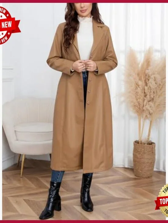 Faux Leather Trench Coat Maxi Length Lapel Button Down Overcoat - Picture 2 of 7